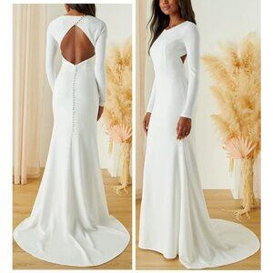 Lulus Eloquent Endearment White Long Sleeve Backless Maxi Dress Size Large NWOT